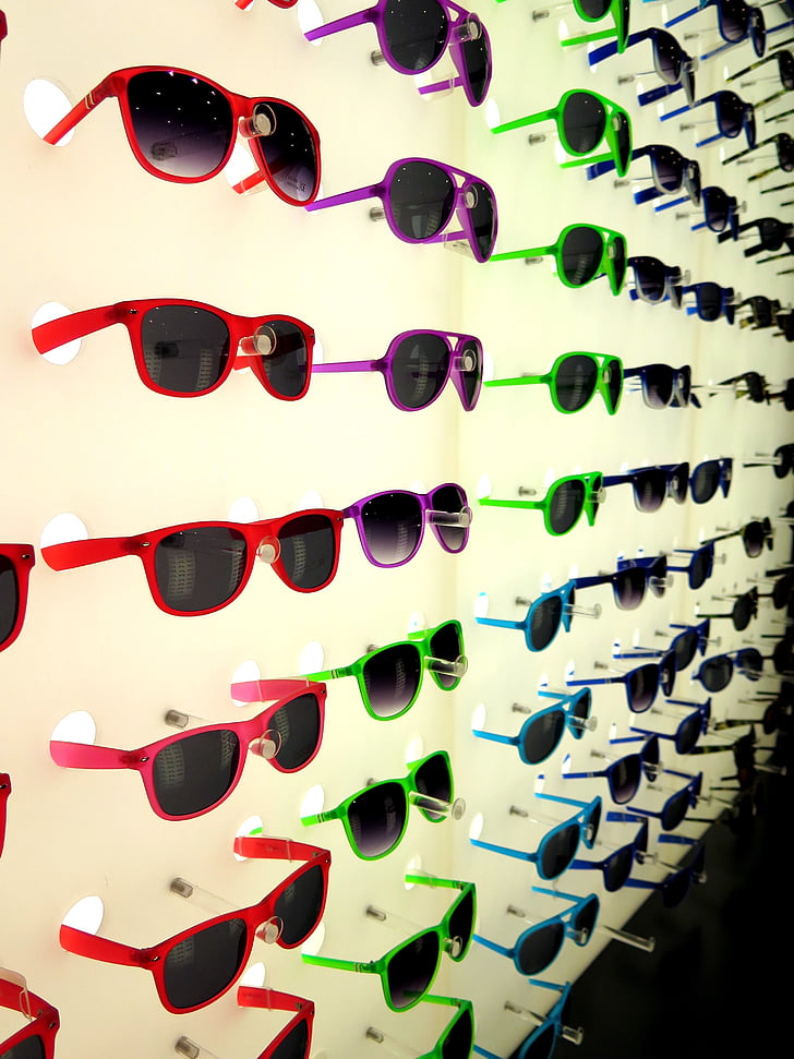 kacamata hitam, warna-warni, cermin, menampilkan berdiri, Bisnis, kacamata berdiri, keren