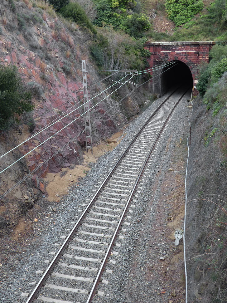 vasúti, online, Via, alagút, régi, közlekedési lámpa, felsővezeték