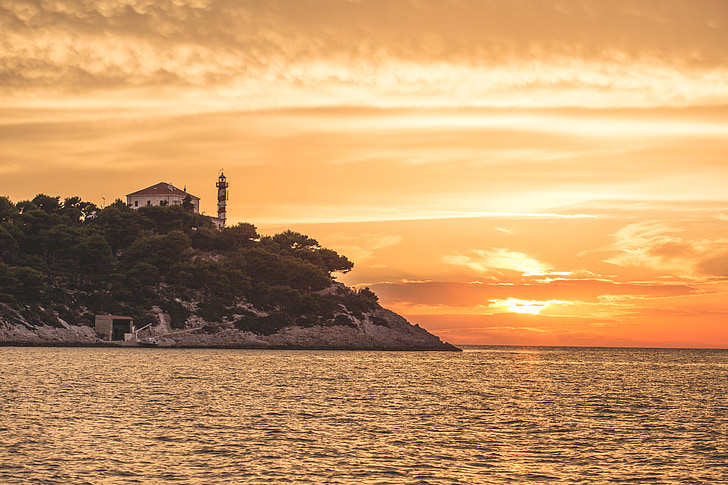 lighthouse, sunset, sea, croatia, dawn, house, island