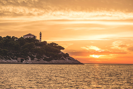 Faro, puesta de sol, mar, Croacia, amanecer, Casa, Isla