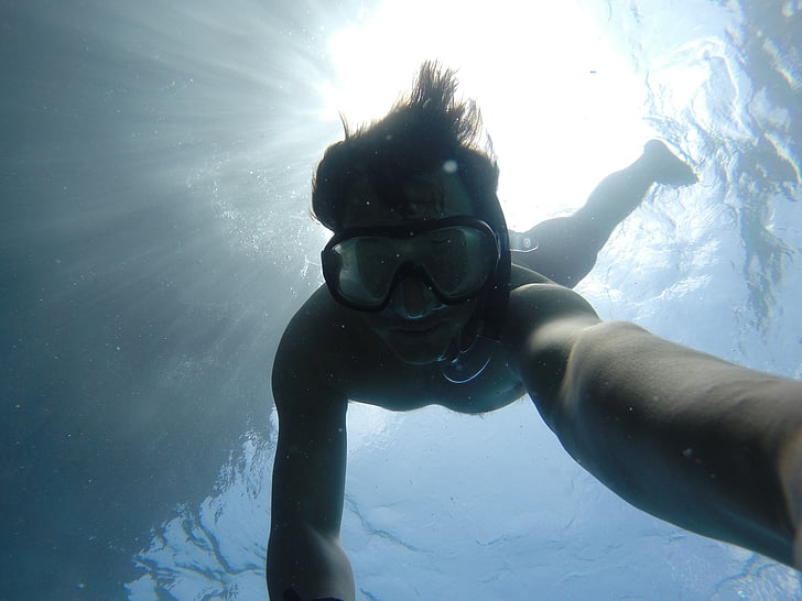 immersioni subacquee, occhiali di protezione, uomo, selfie, snorkeling, nuoto, sott'acqua