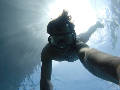 búvárkodás, védőszemüveg, ember, selfie, snorchozás, úszás, víz alatti