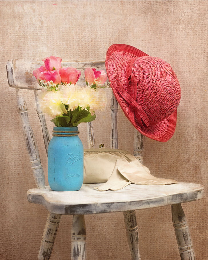 Vintage, hattu, kukat, tyyli, tuoli, Vintage-muotia, käsineet