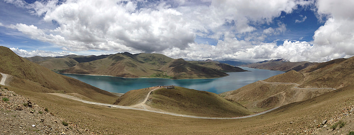 landskap, Panorama, sjön, bergen, karga, vacker natur, Tibet