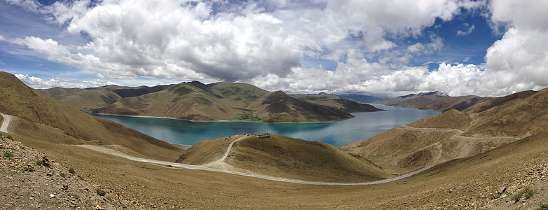 조 경, 파노라마, 호수, 산, 불모의, 풍경, 티베트