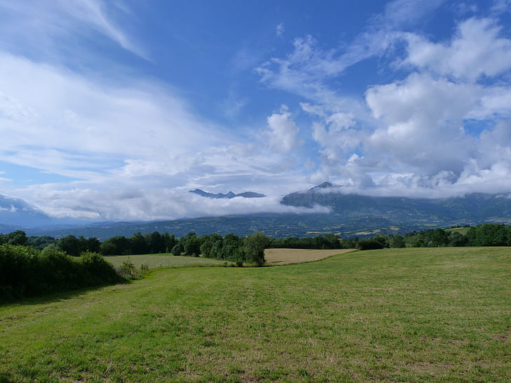 landscapes, nature, mountain, summer, sky, clouds, fields