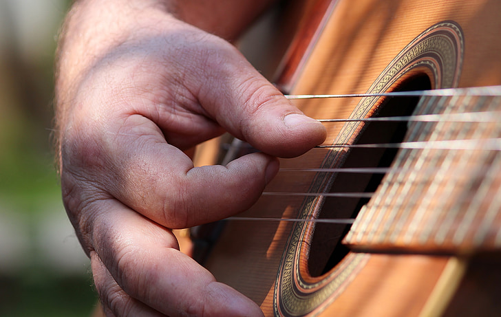 mand, hånd, guitar, instrument, musik, spille, lyd