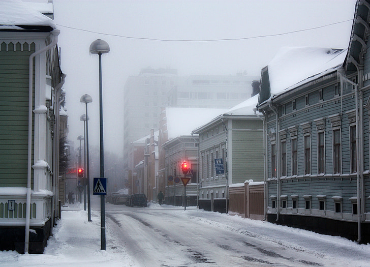 Оулу, Фінляндія, взимку, сніг, лід, Будинки, Сніжне
