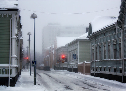 Oulu, Finlandia, zimowe, śnieg, lód, budynki, snowy