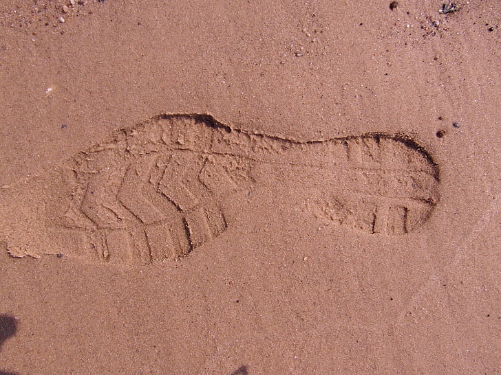 footprint, schusohle, trace, sand, beach