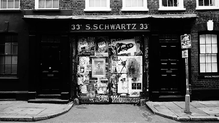 33 s.schwartz 33, építészet, fekete-fehér, Brickwall, épületek, ajtó, graffiti