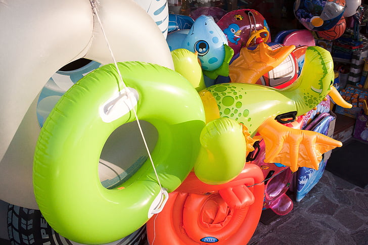 swimming ring, aquatic animals, inflatable, green, orange, red, blue
