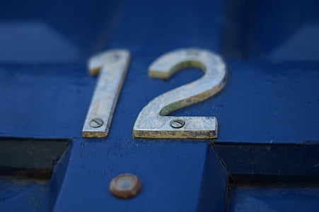 dotze, nombre, porta, blau, profunditat superficial, metall, casa