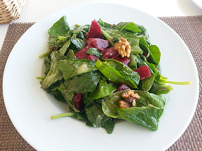 salad, spinach, beetroot, walnuts, leaf spinach, delicious, vegan