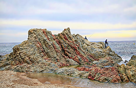 rocha, mar, praia, pescador, à beira-mar, natureza, Rock - objeto