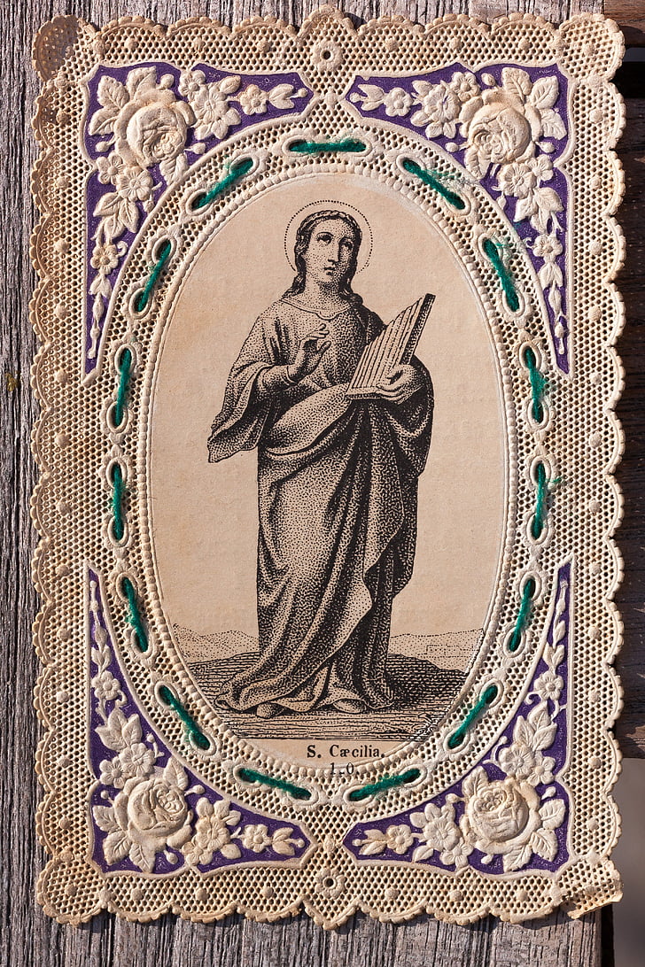 vallásos kép, Santino, felső széle, hímzés, Cecilia, Szent, Rózsa