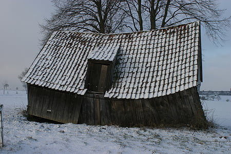 Stodoła, stodoły, złamane stodoła, stary, śnieg, zimowe, drewno - materiał