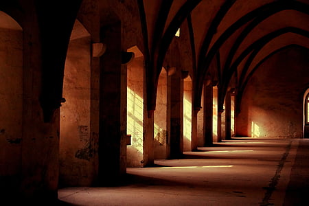 arches, church, cloister, hall, historical, monastery, dark