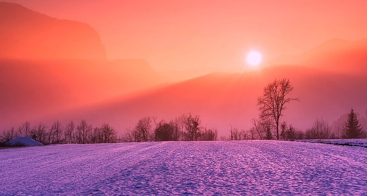 inverno, neve, Alba, tramonto, colori, colorato, bella