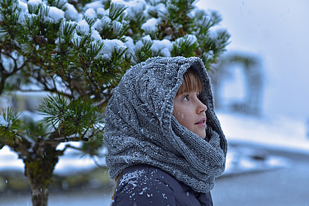 child, girl, snow, winter, cold, scarf, outdoors