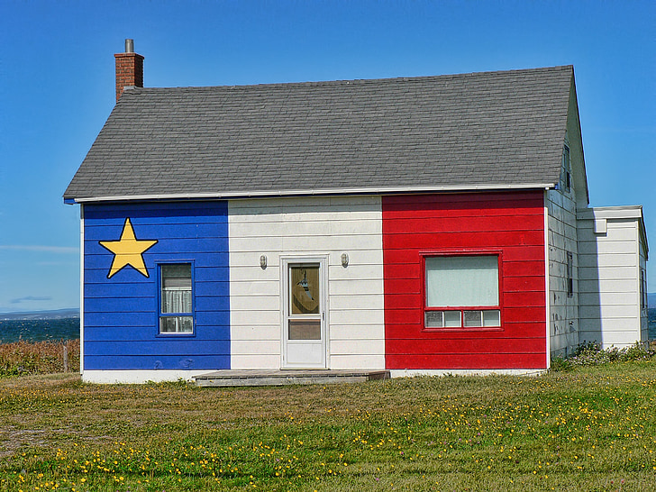 Acadian hus, New brunswick, Canada, flagg, patriotiske, bygge, huset
