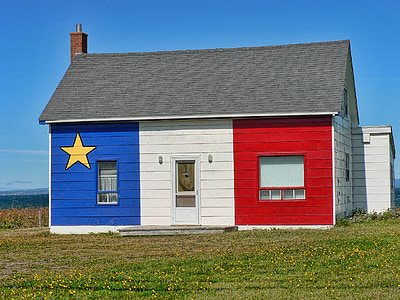 Acadian hus, New brunswick, Canada, flagg, patriotiske, bygge, huset