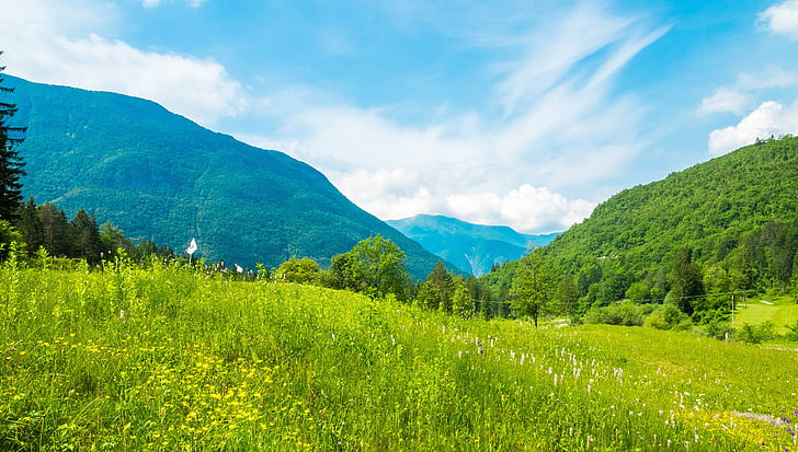 slovenia, alpine, mountains, meadow, nature, sky, clouds