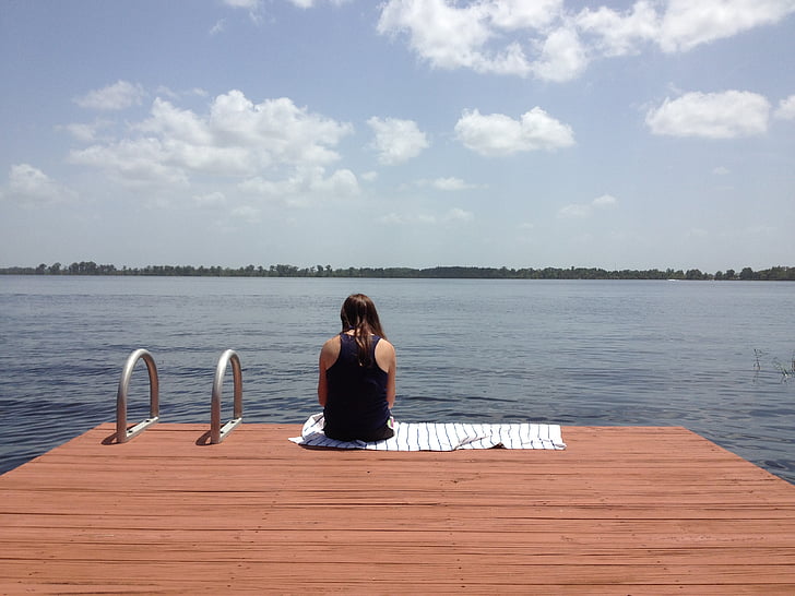 solitude, alone, dock, female, girl, lake, pier