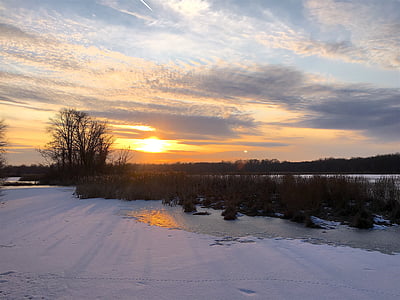 sunset, lake snow, clouds, frozen, dusk, evening, winter