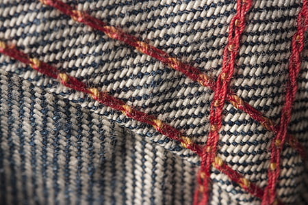 джинсы, Пошив, красный, макрос, деталь, ткань, Текстиль
