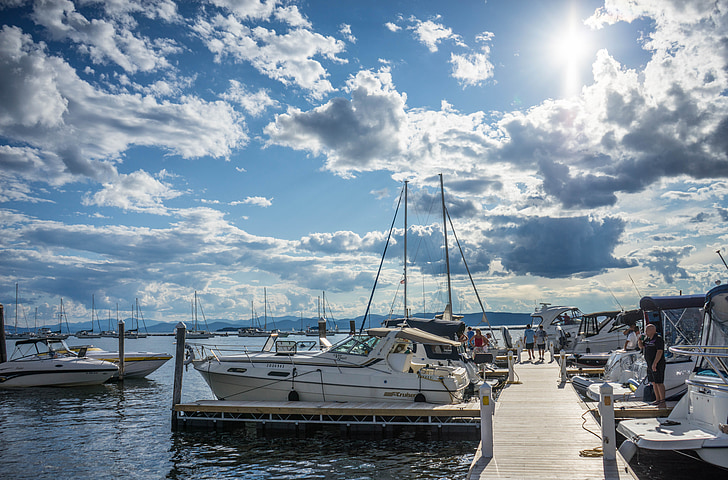 Vermont, Lago champlain, Marina, Verão, nuvens, água, natureza
