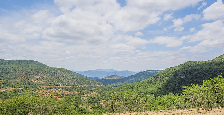 clouds, field, grass, landscape, mountain range, mountains, outdoors