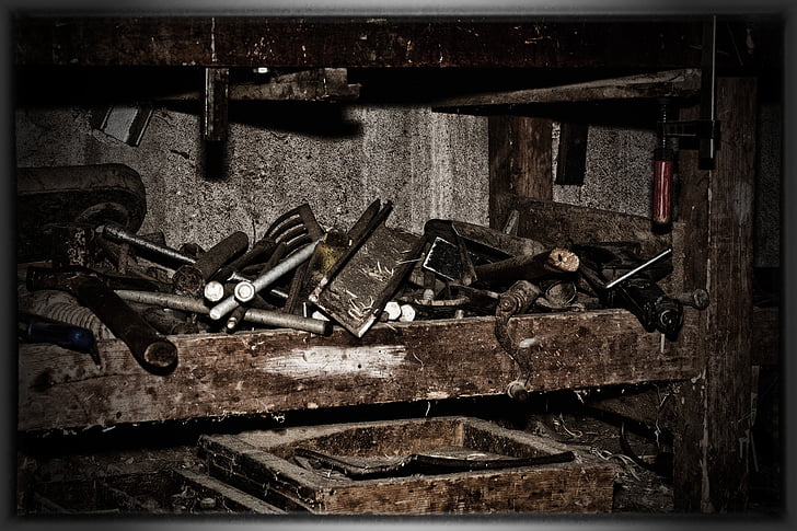 workshop, lumber, iron, metal, wood, tool, old