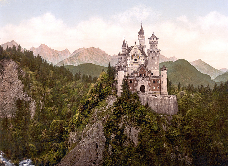 hrad, Kristin, Pohádkový hrad, věž, Füssen, Fotochromová, Bavorsko
