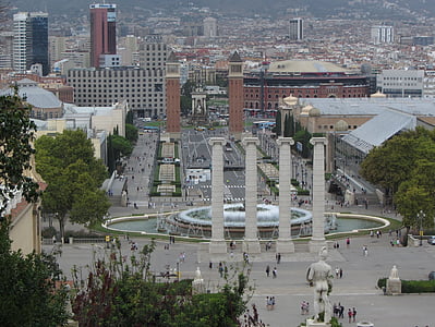 บาร์เซโลนา, plaza espanya, ถนน, พื้นที่, น้ำพุ, เมือง, บ้าน