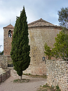 romanische Kirche, Siurana, Priorat, Apsis, Zypresse, Architektur, Kirche