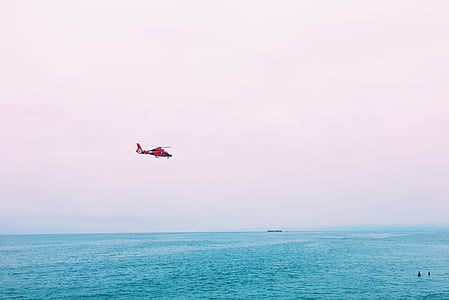 червен, хеликоптер, море, през деня, океан, вода, летателни апарати