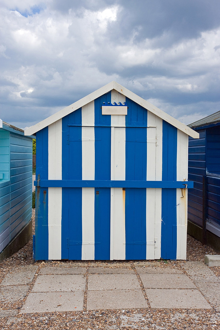 beach house, beach hut, hut, wooden, stripes, blue, white