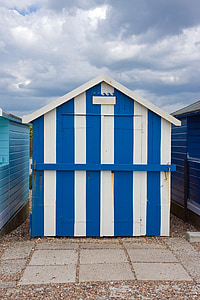 Casa pe plaja, plaja colibă, colibă, din lemn, dungi, albastru, alb