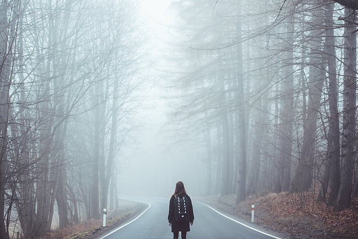 fog, mist, road, lost, girl, eerie, creepy