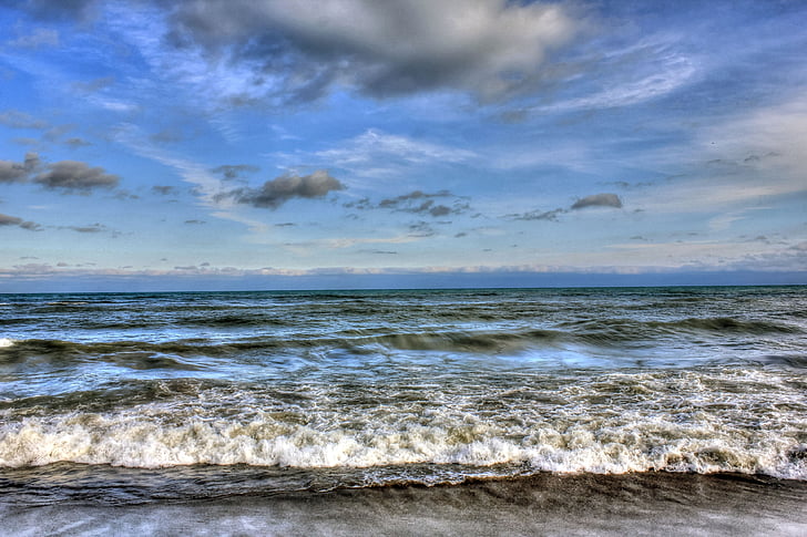 lake michigan, skies, clouds, waves, surf, seascape, sea