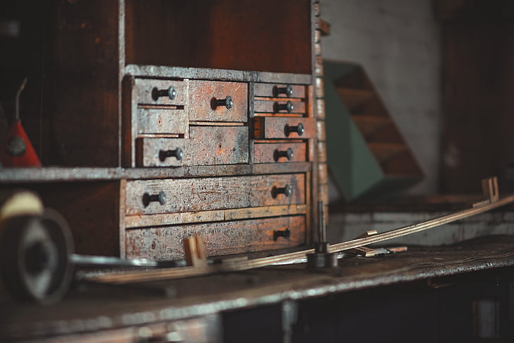 blur, chest of drawers, close-up, drawers, greasy, machine shop, rusty