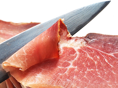 ham, knife, eat, food, delicious, chunks, smoked