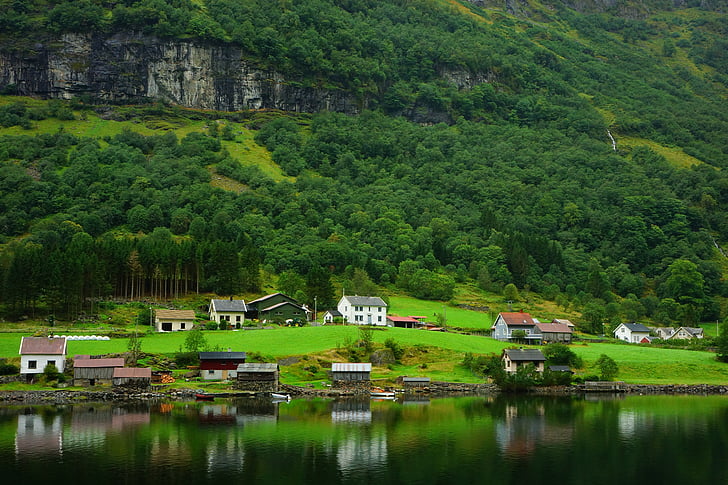fjord, Nórsko, Nordic, Village, Príroda, Architektúra, Príroda