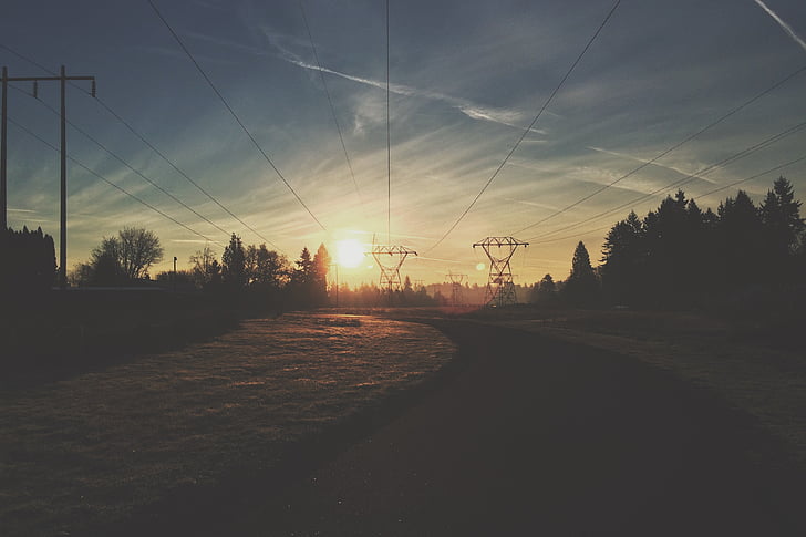 two, gray, transmission, towers, dusk, sunset, sky