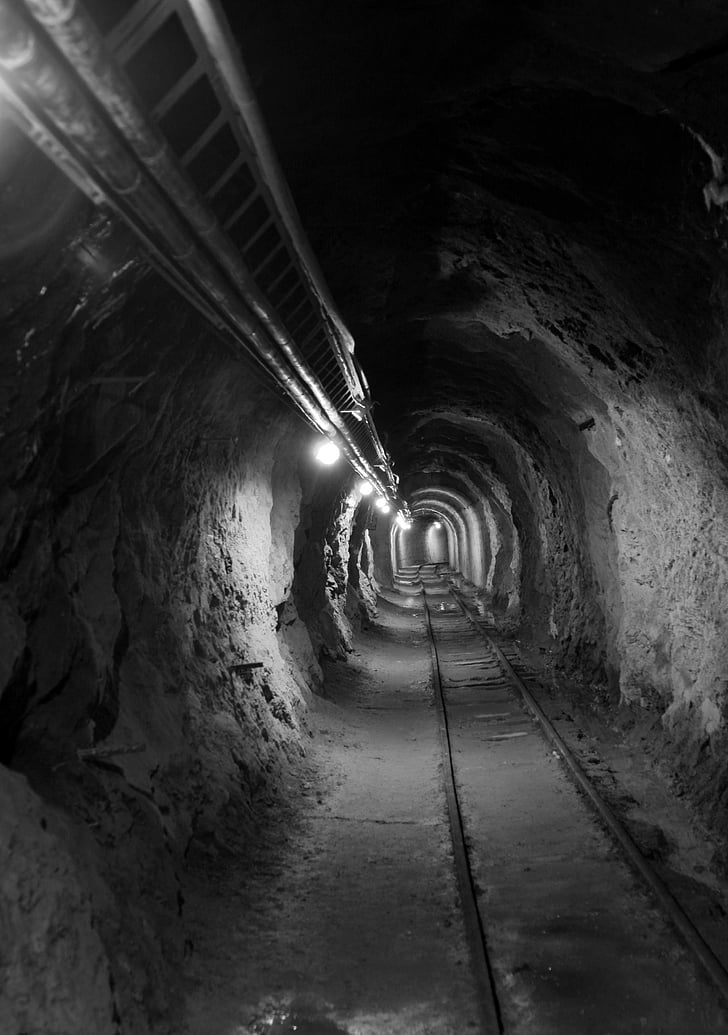 mỏ, hang động, Underground, đường hầm, đen trắng