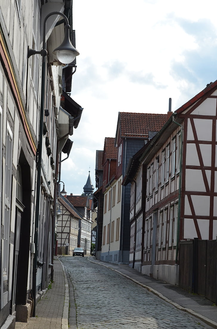 goslar, fachwerkhaus, road, church, old town, germany, architecture