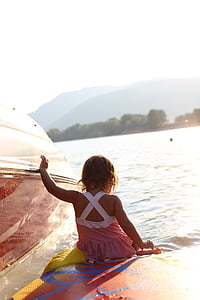 brod, jezero, dijete, ljeto, vode, miran, sunčano