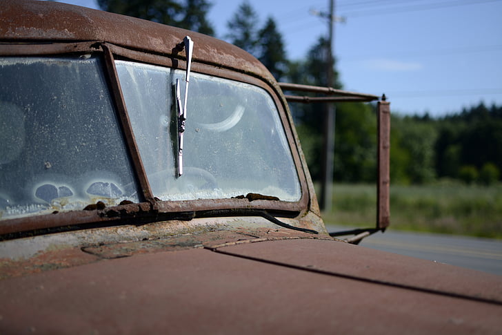 bil, close-up, gamle, rusten, køretøj, vintage, forruden