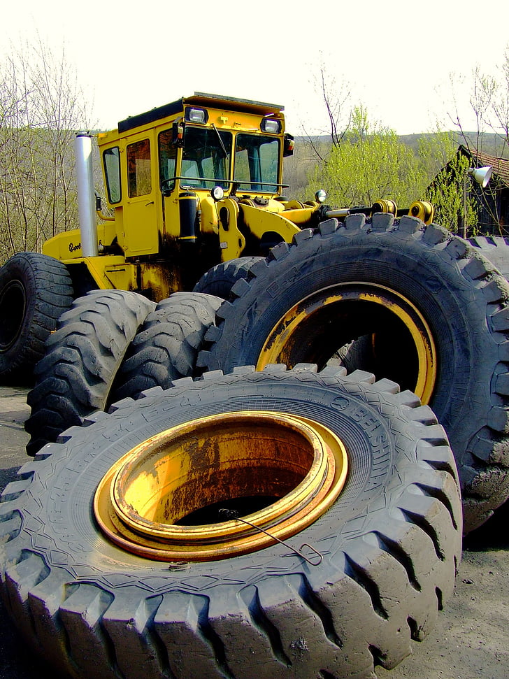 tractor, wheels, rubber tires, mining, yellow, machine, old
